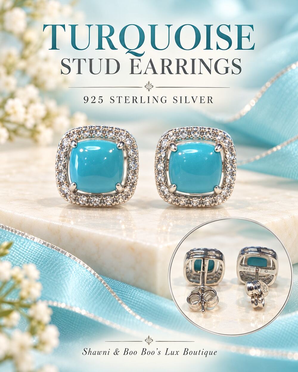 925 Sterling Silver*Turquoise & Pave Stud earrings